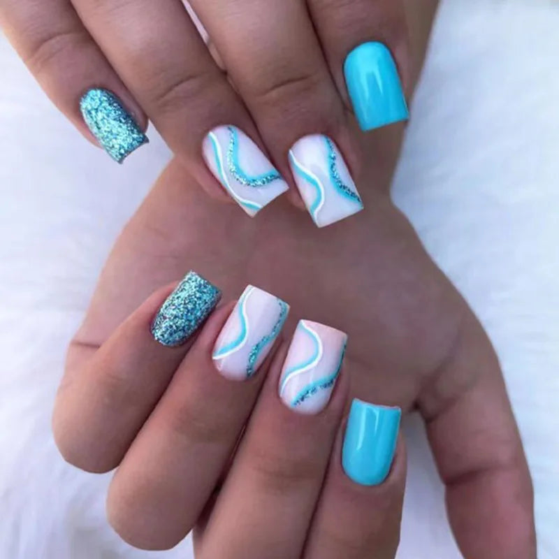 24Pcs Long Ballet Press On Nail Art Wearing Manicure Glitter Point Drill False Nails Removable Full Cover Artificial Fake Nails
