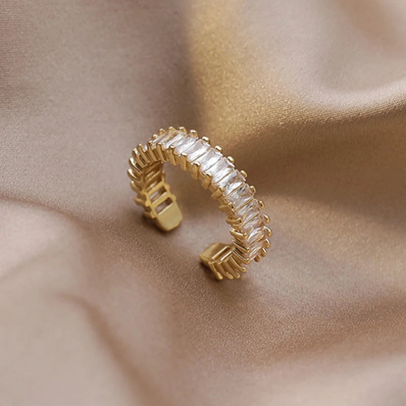 Trendy Gold Color Double Layer Cross Rings For Women Shiny Zircon Geometric Open Adjustable Finger Ring Party Wedding Jewelry
