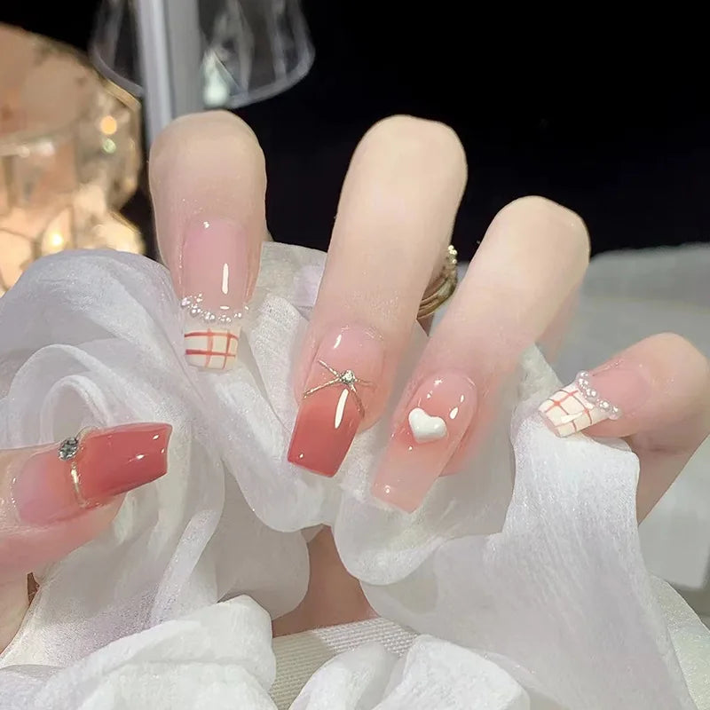 24Pcs Mid-length Ballet False Nails Cute Childlike Rainbow Press On Nails Iced Through Milk Tea Fake Nails Free Shipping Items