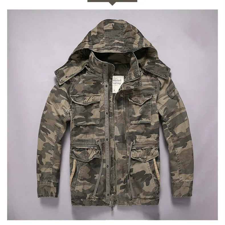 Men's Long Sleeved Hooded Camouflage Jacket Multi Bag Mid Length Storage Outdoor Trekking Camping Riding Sport Tops Amekaji Coat