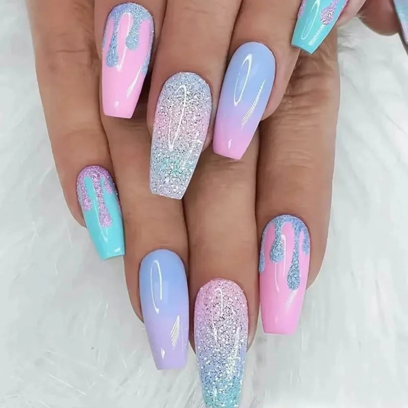 24Pcs Medium Long Ballet Fake Nails Art Flat Head Gold Line Frosted False Nails Press on Full Cover Removable Stick on Nail Tips