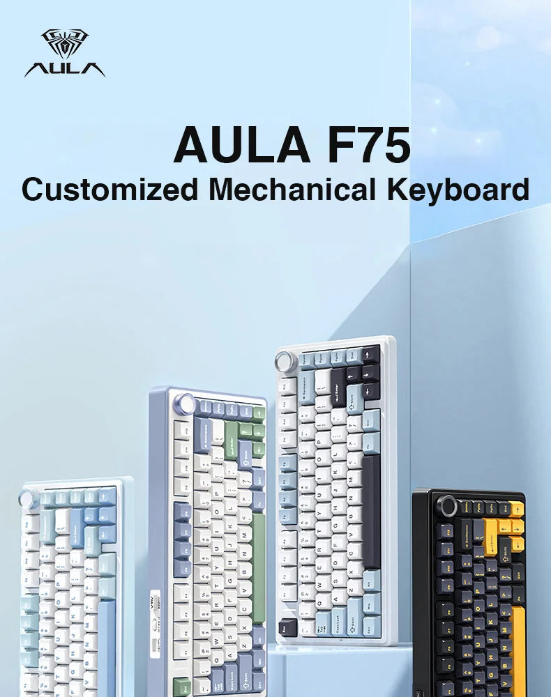 AULA F75 Mechanical Keyboard 2.4G Wireless/Bluetooth/Wired RGB PBT 75% Layout OEM Profile Gasket Customized Pc Gaming Keyboard