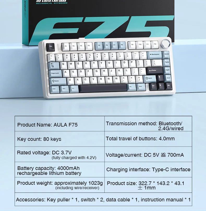 AULA F75 Mechanical Keyboard 2.4G Wireless/Bluetooth/Wired RGB PBT 75% Layout OEM Profile Gasket Customized Pc Gaming Keyboard