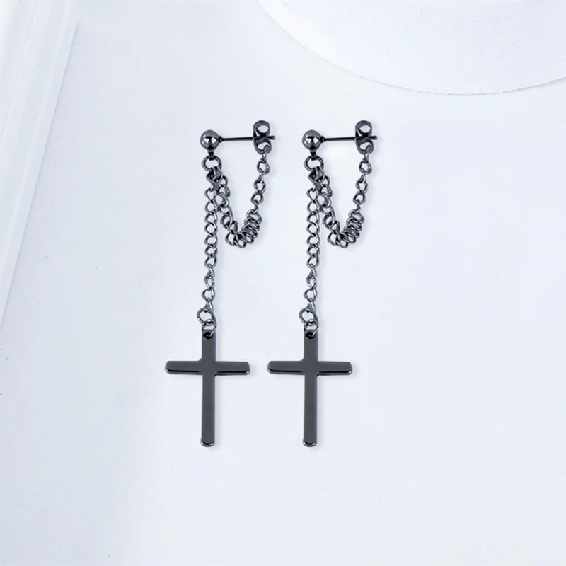 2 Pcs Punk Silver Color Cross Drop Earrings for Women Men Gothic Hip Hop Long Tassel Hanging Earring Jewelry Gift Bijoux