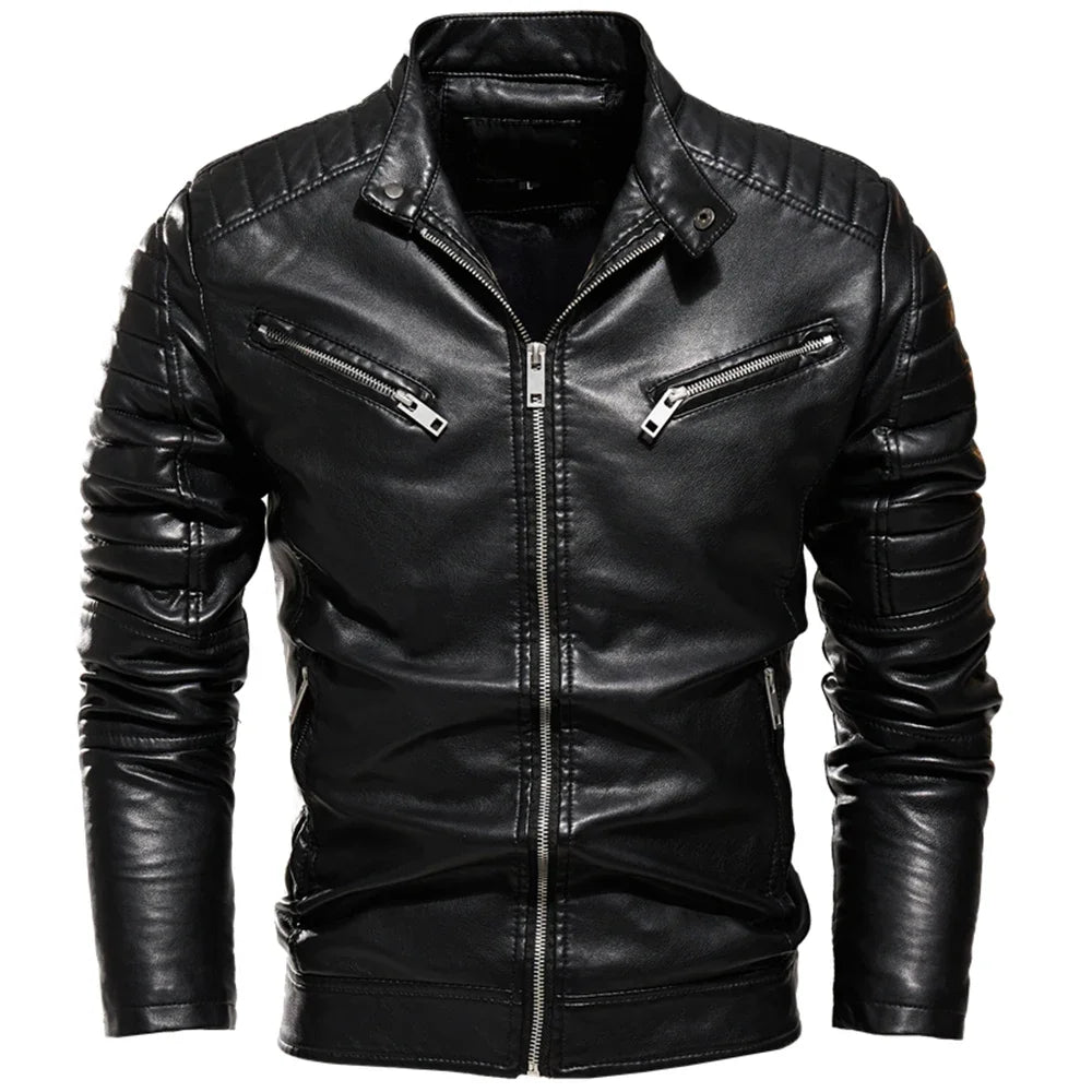 2024 Winter Black Leather Jacket Men Fur Lined Warm Motorcycle Jacket Slim Street Fashion BLack Biker Coat Pleated Design Zipper