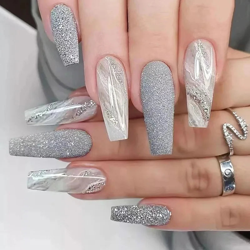24Pcs Long Ballet Press On Nail Art Wearing Manicure Glitter Point Drill False Nails Removable Full Cover Artificial Fake Nails