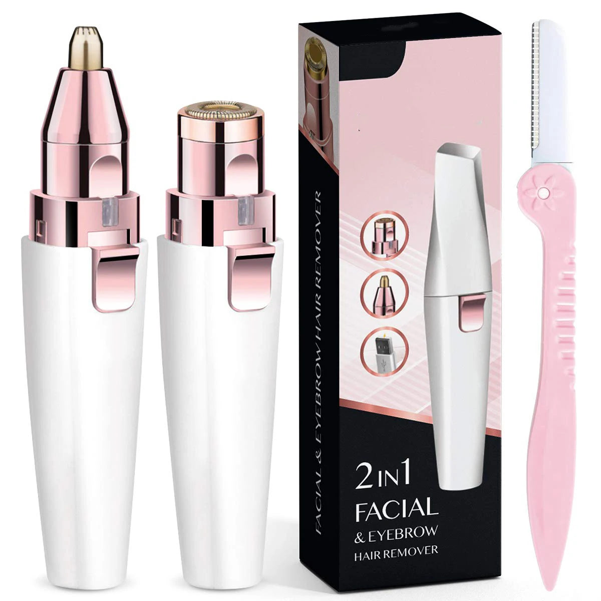 Eyebrow Trimmer 2 in1 USB Rechargeable Facial Hair Remover For Women & with Built in LED Light-Remove  For Facial Hair