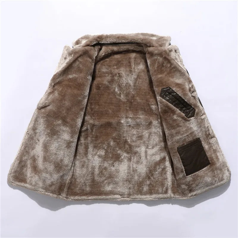 Men's Mid-length Leather Coat Autumn Winter Business European Size Plus Fleece Large Lapel Suit Fur Coat Men Jacket Men