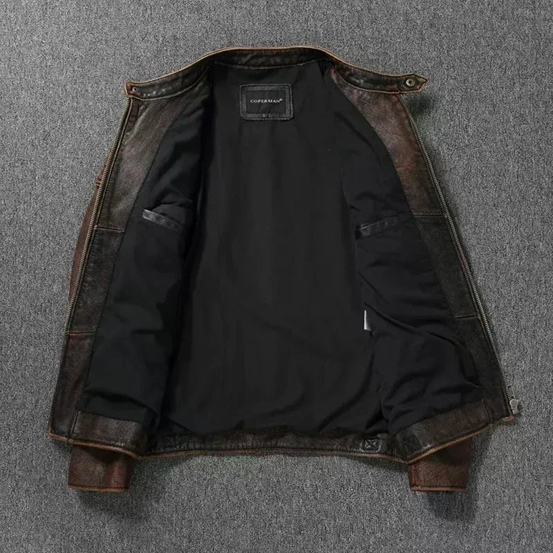 Vintage Black Brown Real Cowhide Genuine Leather Jacket Real Fur Men's Leather Jacket Bomber Men Leather Jacket Motorcycle Coat