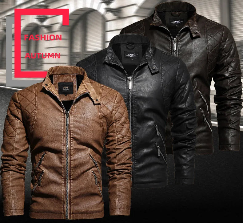 Autumn Winter Outdoor Casual Motor Biker PU Leather Jacket Men Fashion Leather Jacket Men Motorcycle Slim Fleece Jacket Coat