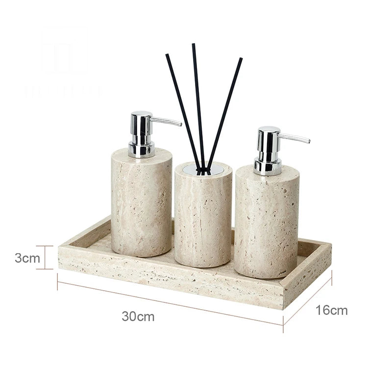 Beige Travertine Bathroom Accessories Set Natural Marble Soap Dispenser Soap Dish Reed Diffuser Vanity Tray Bathroom Set