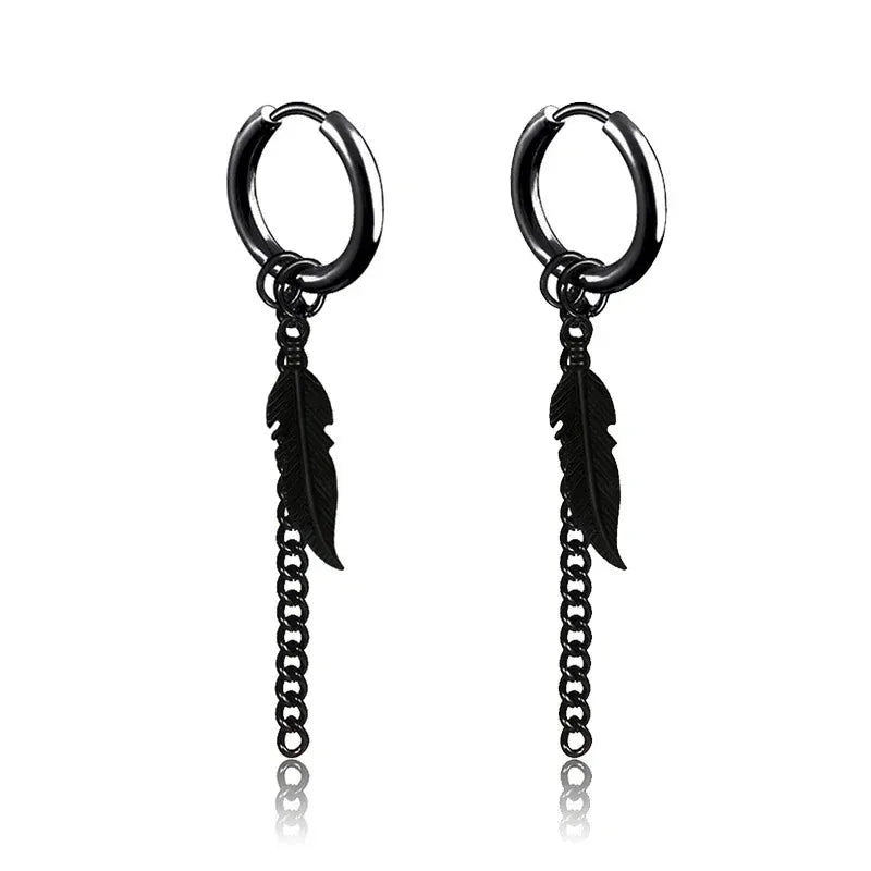 2pcs Fashion Cross Feather Stud Earrings, Punk Rock Style For Women Men High Quality Stainless Steel Hiphop Ear Jewelry