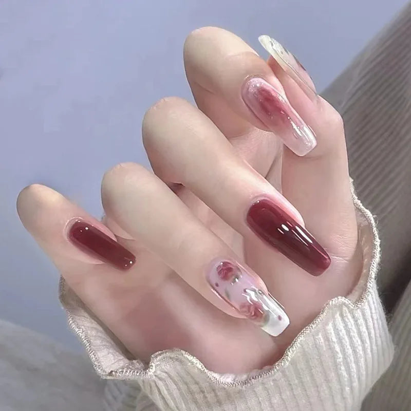 24Pcs Mid-length Ballet False Nails Cute Childlike Rainbow Press On Nails Iced Through Milk Tea Fake Nails Free Shipping Items