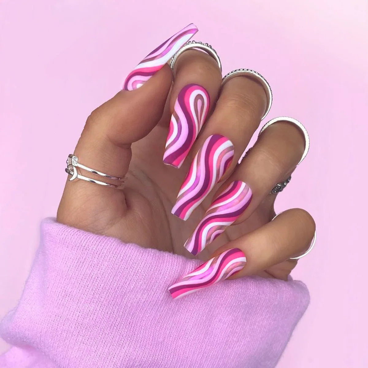 24ps/Box Long Ballerina Full Cover Artificial French False Nails Art Green Graffiti Color Blocking Gold Thread Fake Nail Tips