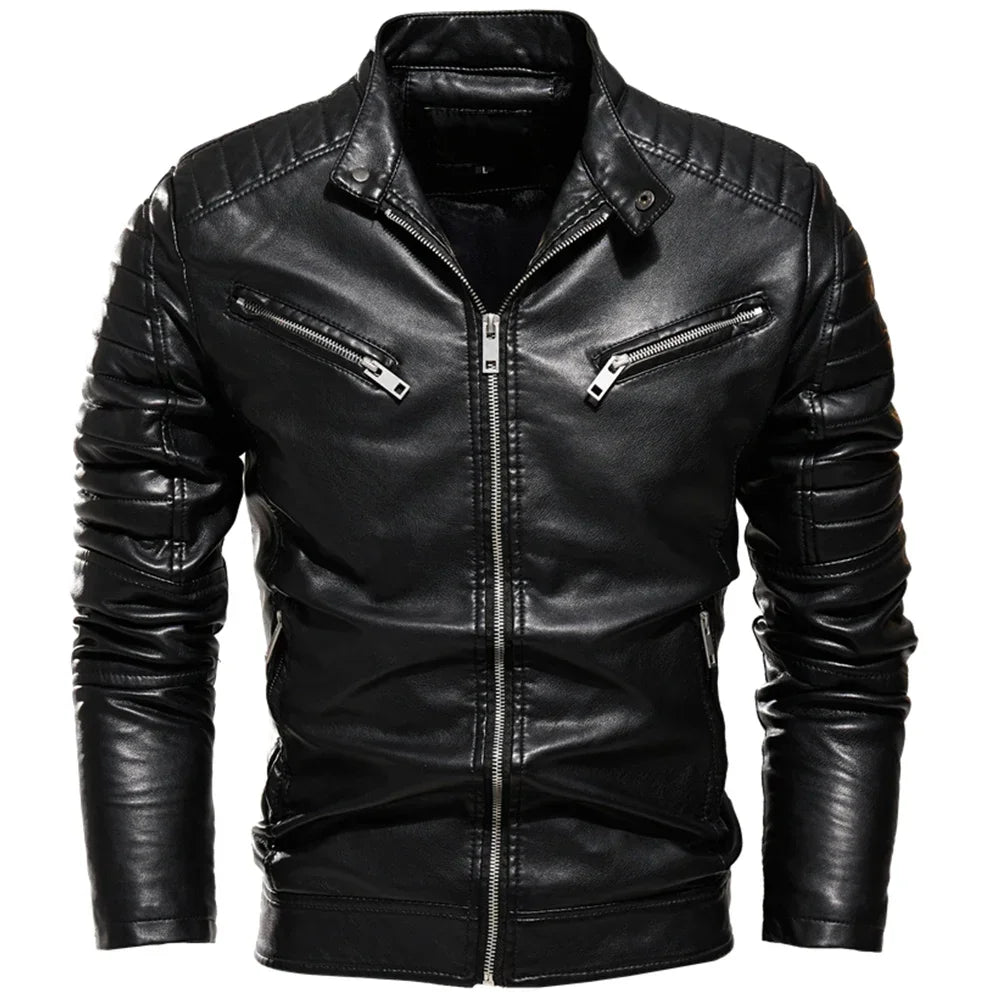 2024 Winter Black Leather Jacket Men Fur Lined Warm Motorcycle Jacket Slim Street Fashion BLack Biker Coat Pleated Design Zipper