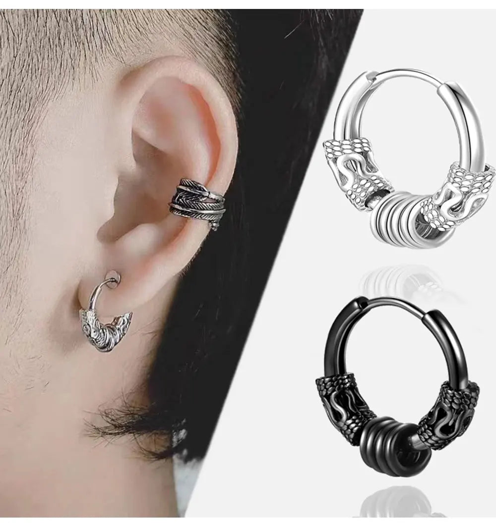 1Pair Punk Stainless Steel Round Circle Totem Hoop Earrings For Men Women Not Fade Ear Rings Hip Hop Male Jewelry