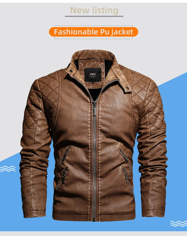Autumn Winter Outdoor Casual Motor Biker PU Leather Jacket Men Fashion Leather Jacket Men Motorcycle Slim Fleece Jacket Coat