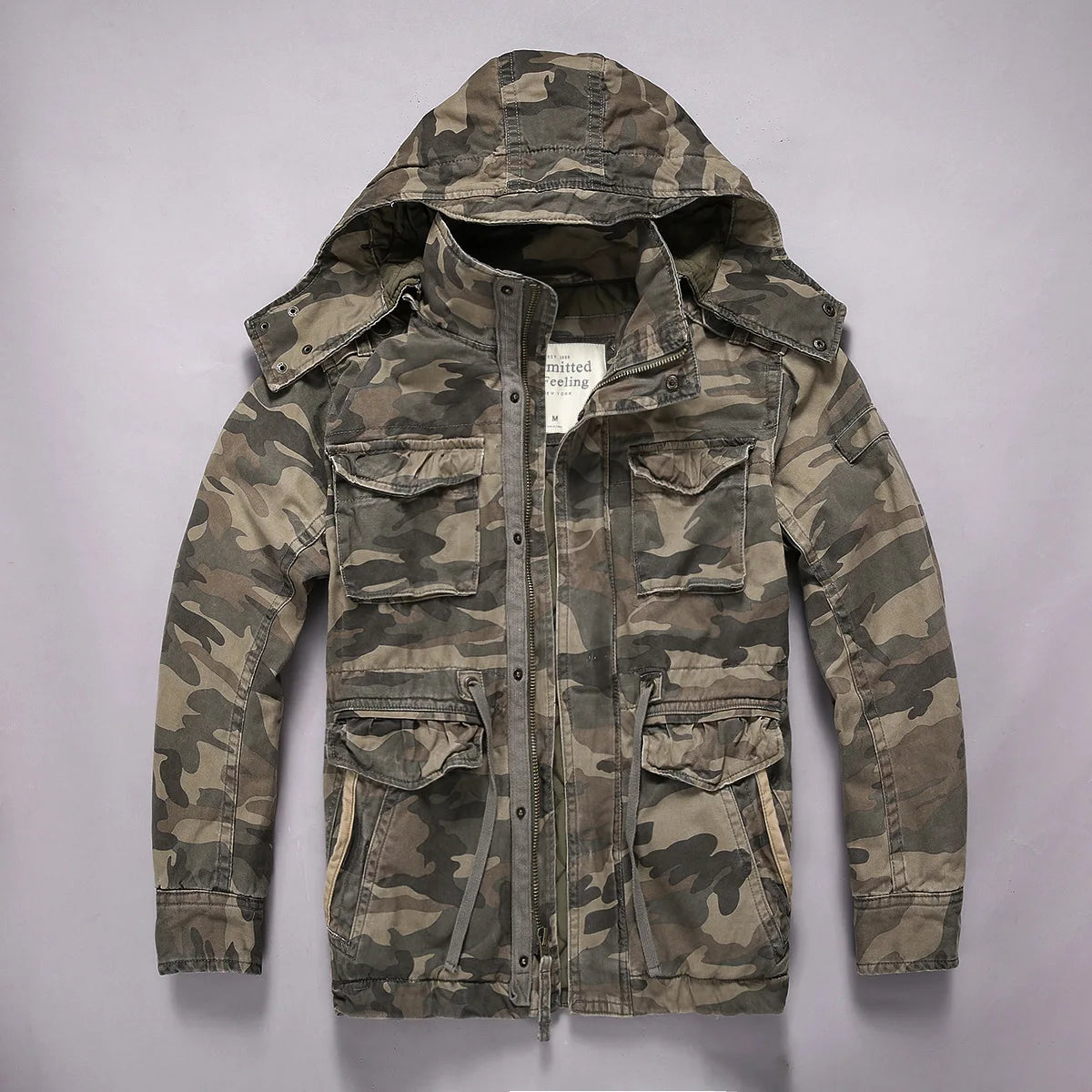 Men's Long Sleeved Hooded Camouflage Jacket Multi Bag Mid Length Storage Outdoor Trekking Camping Riding Sport Tops Amekaji Coat