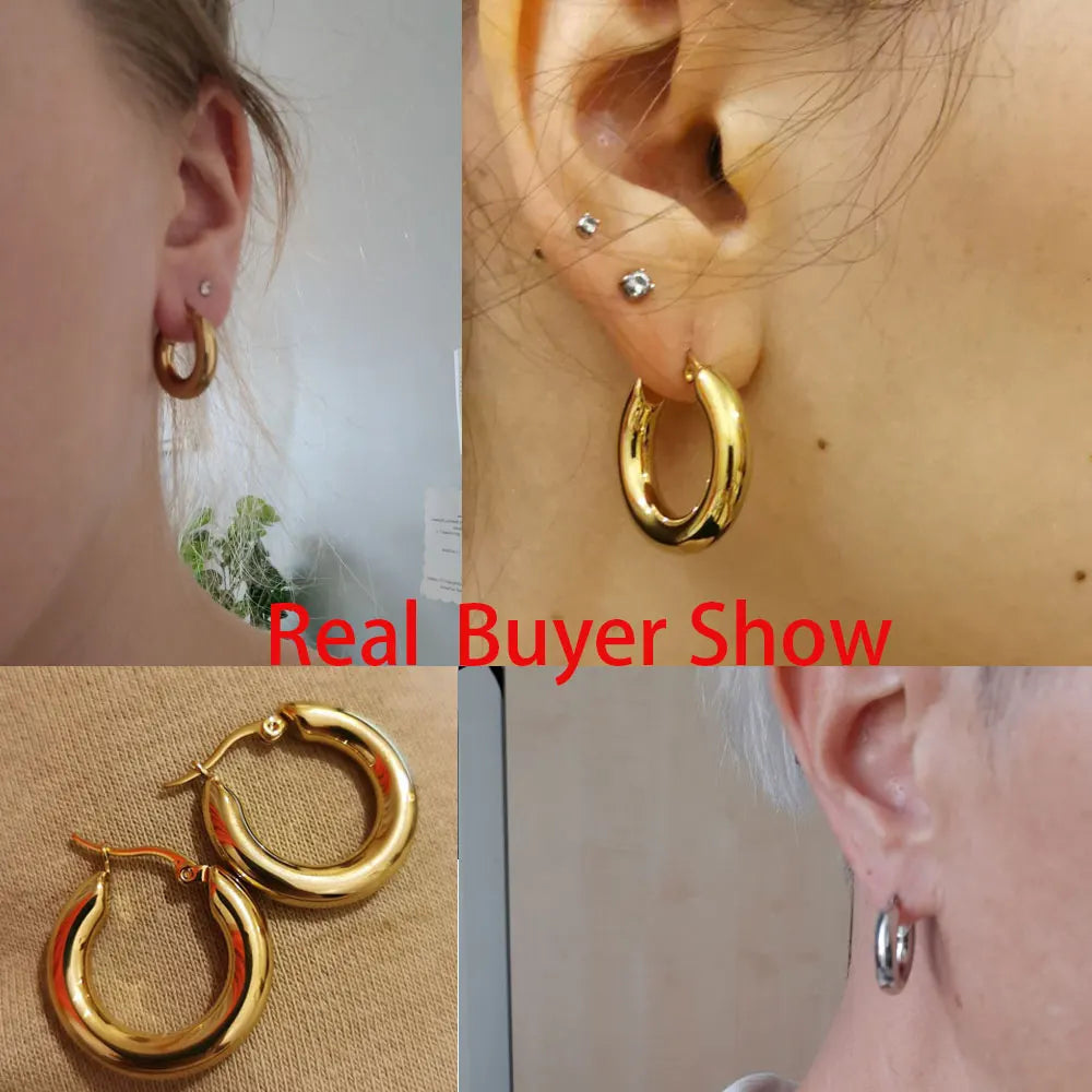 Surgical Steel Gold Color Tone Women Fat Chunky Earrings Stainless Wives Round Smooth Thick Hoops Statement Jewelry 20mm/25mm