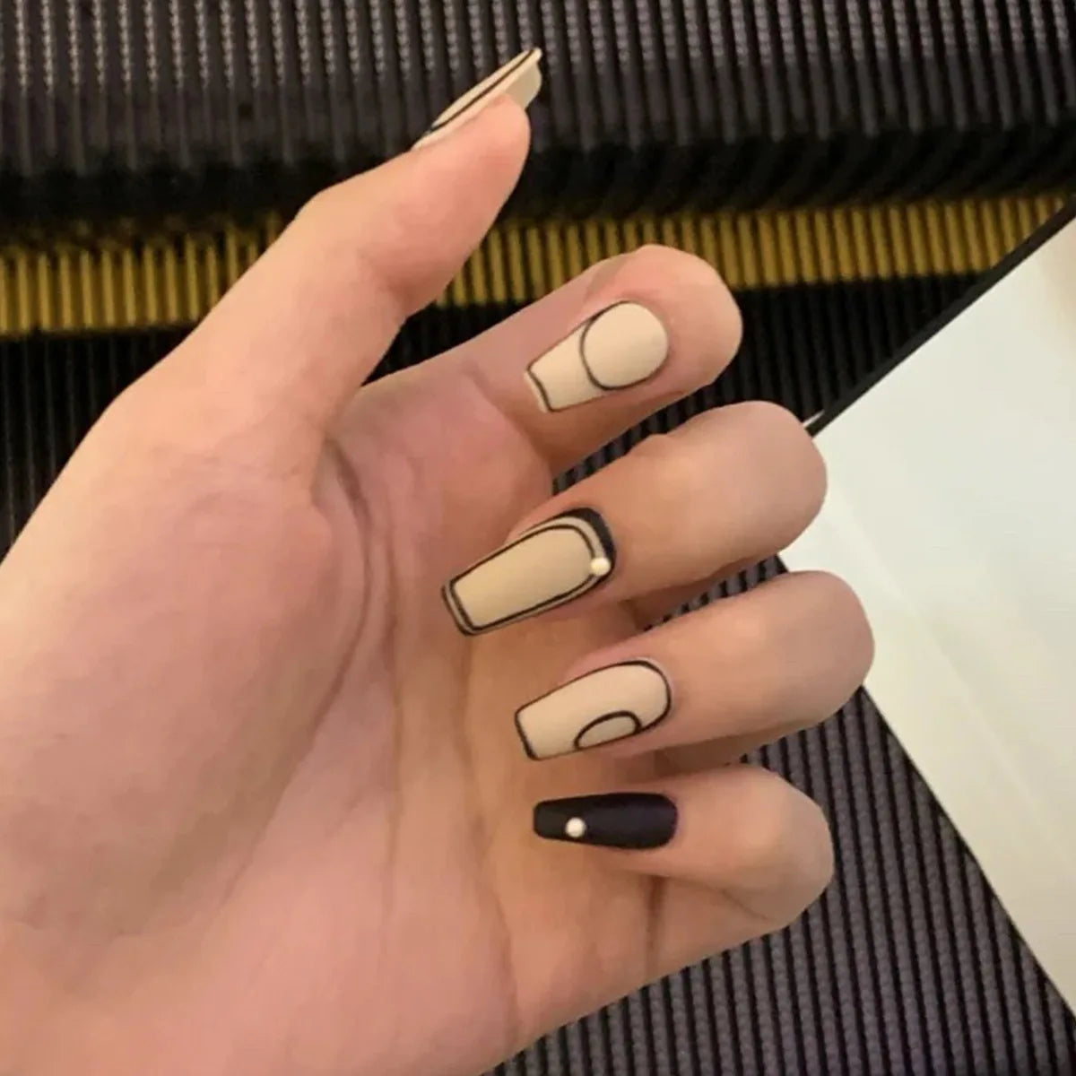 24ps/Box Long Ballerina Full Cover Artificial French False Nails Art Green Graffiti Color Blocking Gold Thread Fake Nail Tips