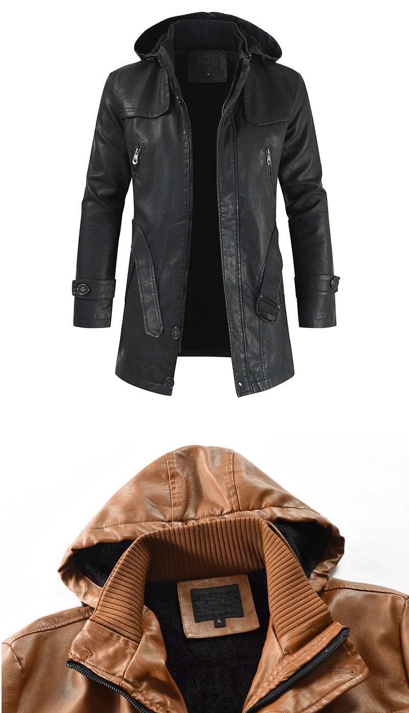 2024 Winter Men's Leather Motorcycle Leather Korean Fashion Jacket Coat Windproof Clothes Men's Hooded Medium Long