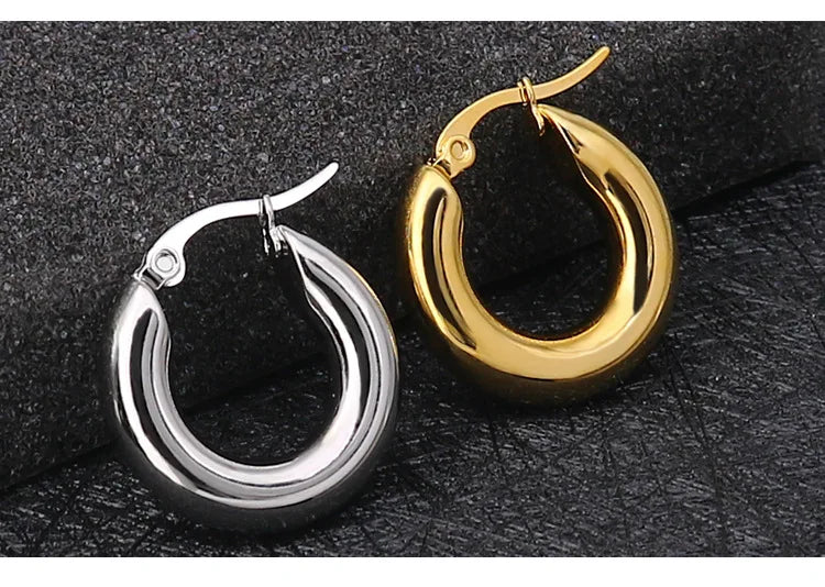 Surgical Steel Gold Color Tone Women Fat Chunky Earrings Stainless Wives Round Smooth Thick Hoops Statement Jewelry 20mm/25mm