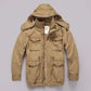 Men's Long Sleeved Hooded Camouflage Jacket Multi Bag Mid Length Storage Outdoor Trekking Camping Riding Sport Tops Amekaji Coat