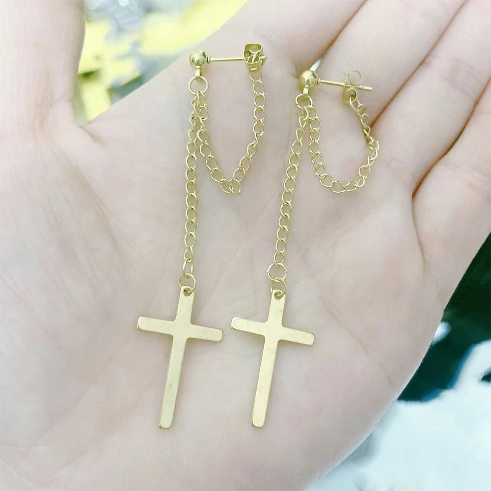 2 Pcs Punk Silver Color Cross Drop Earrings for Women Men Gothic Hip Hop Long Tassel Hanging Earring Jewelry Gift Bijoux