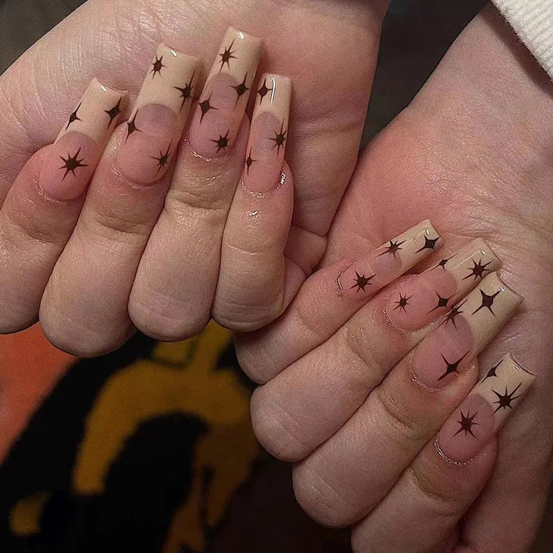 24ps/Box Long Ballerina Full Cover Artificial French False Nails Art Green Graffiti Color Blocking Gold Thread Fake Nail Tips