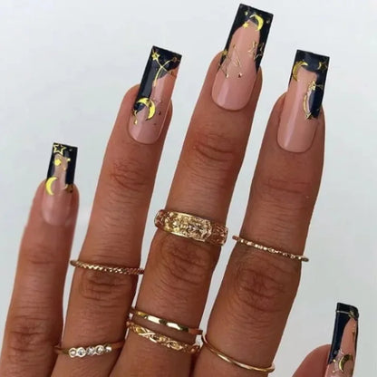 24ps/Box Long Ballerina Full Cover Artificial French False Nails Art Green Graffiti Color Blocking Gold Thread Fake Nail Tips
