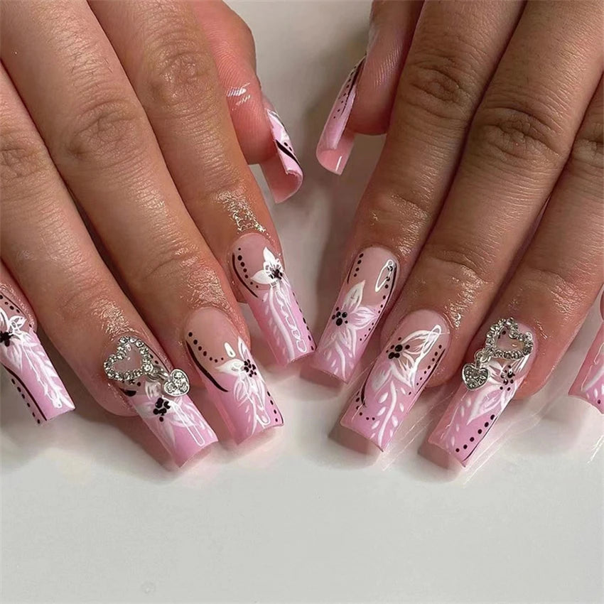24Pcs Medium Long Ballet Fake Nails Art Flat Head Gold Line Frosted False Nails Press on Full Cover Removable Stick on Nail Tips