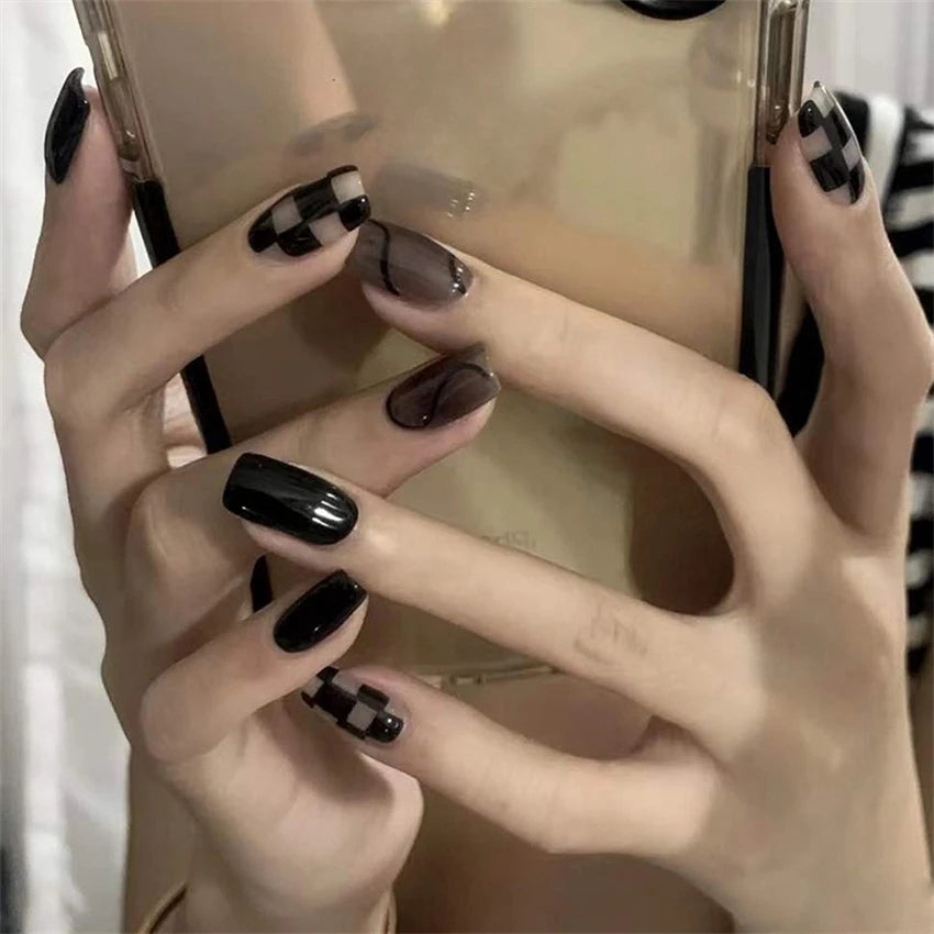 24Pcs Medium Long Ballet Fake Nails Art Flat Head Gold Line Frosted False Nails Press on Full Cover Removable Stick on Nail Tips