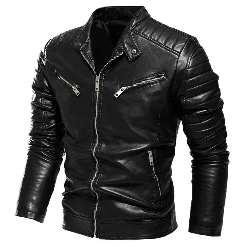 2024 Winter Black Leather Jacket Men Fur Lined Warm Motorcycle Jacket Slim Street Fashion BLack Biker Coat Pleated Design Zipper