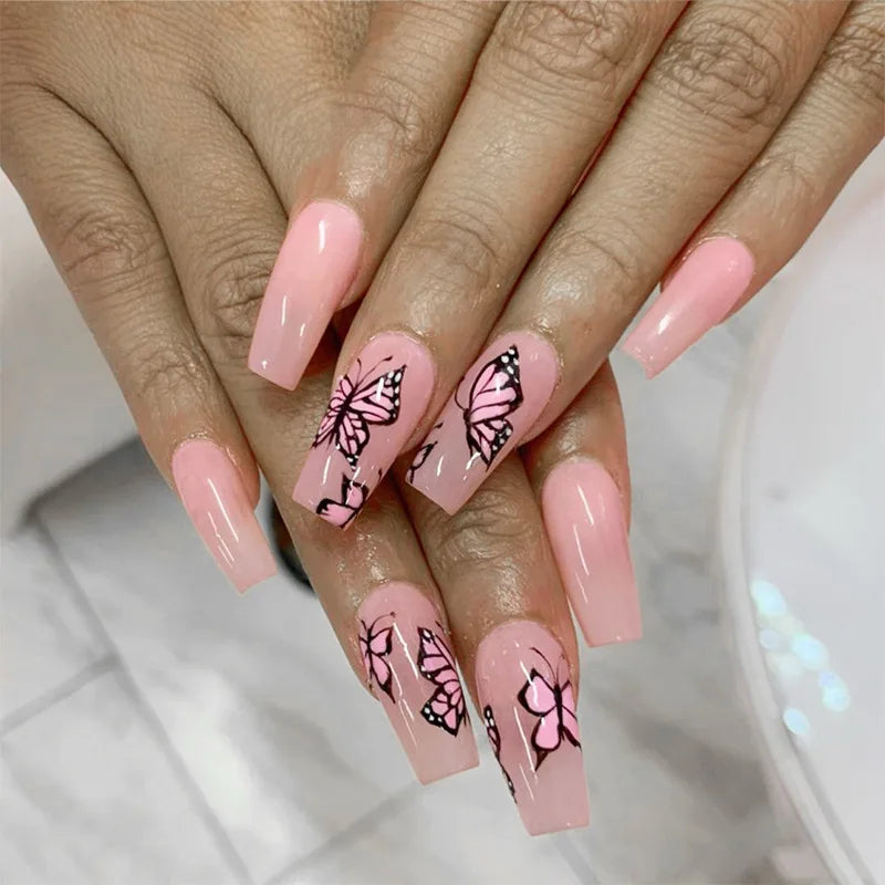 24Pcs Long Ballet Press On Nail Art Wearing Manicure Glitter Point Drill False Nails Removable Full Cover Artificial Fake Nails