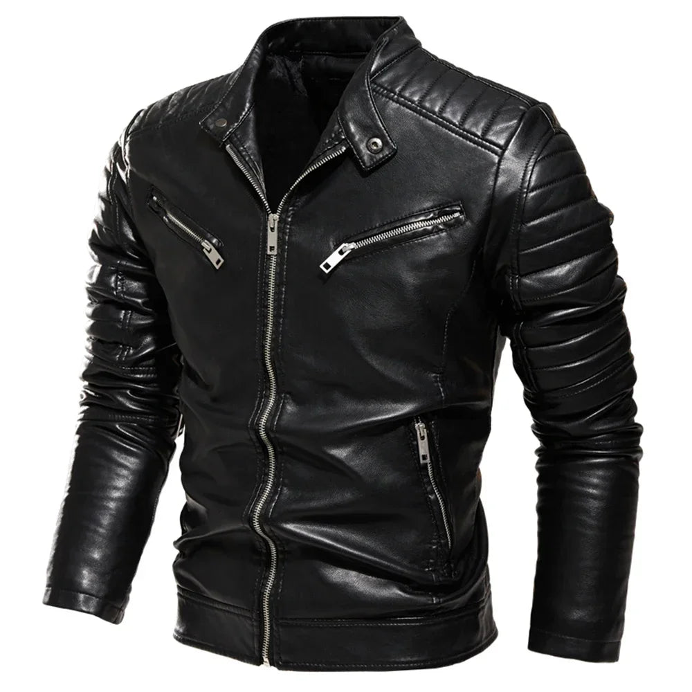 2024 Winter Black Leather Jacket Men Fur Lined Warm Motorcycle Jacket Slim Street Fashion BLack Biker Coat Pleated Design Zipper