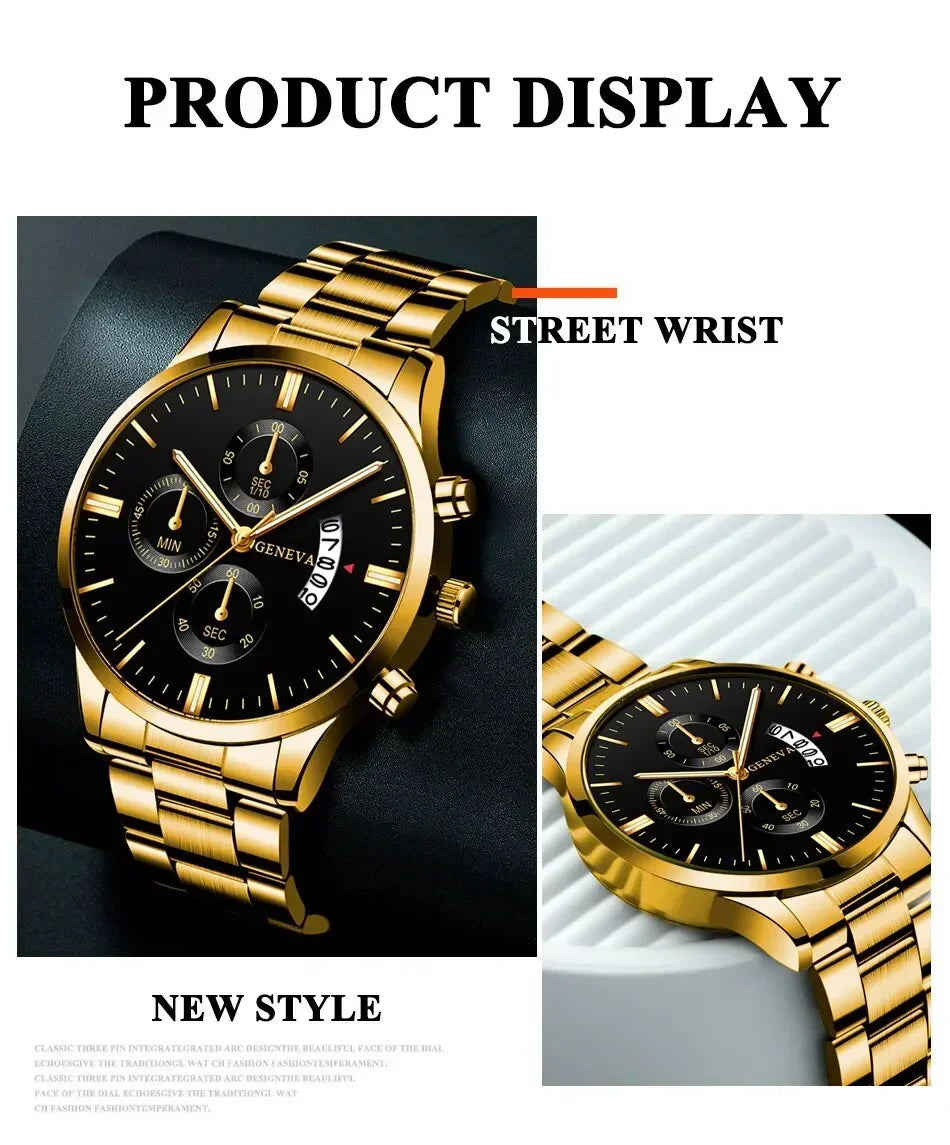 2023 Fashion Men Gold Stainless Steel Watch Luxury Calendar Quartz Wrist Watch Mens Business Watches for Man Clock Reloj Hombre