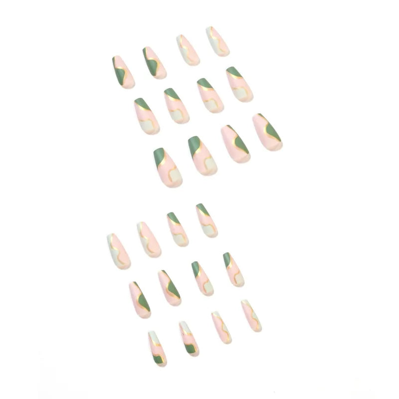 24ps/Box Long Ballerina Full Cover Artificial French False Nails Art Green Graffiti Color Blocking Gold Thread Fake Nail Tips