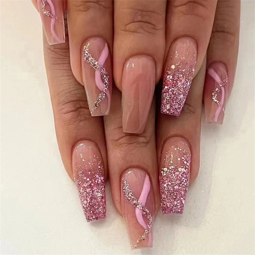 24Pcs Medium Long Ballet Fake Nails Art Flat Head Gold Line Frosted False Nails Press on Full Cover Removable Stick on Nail Tips