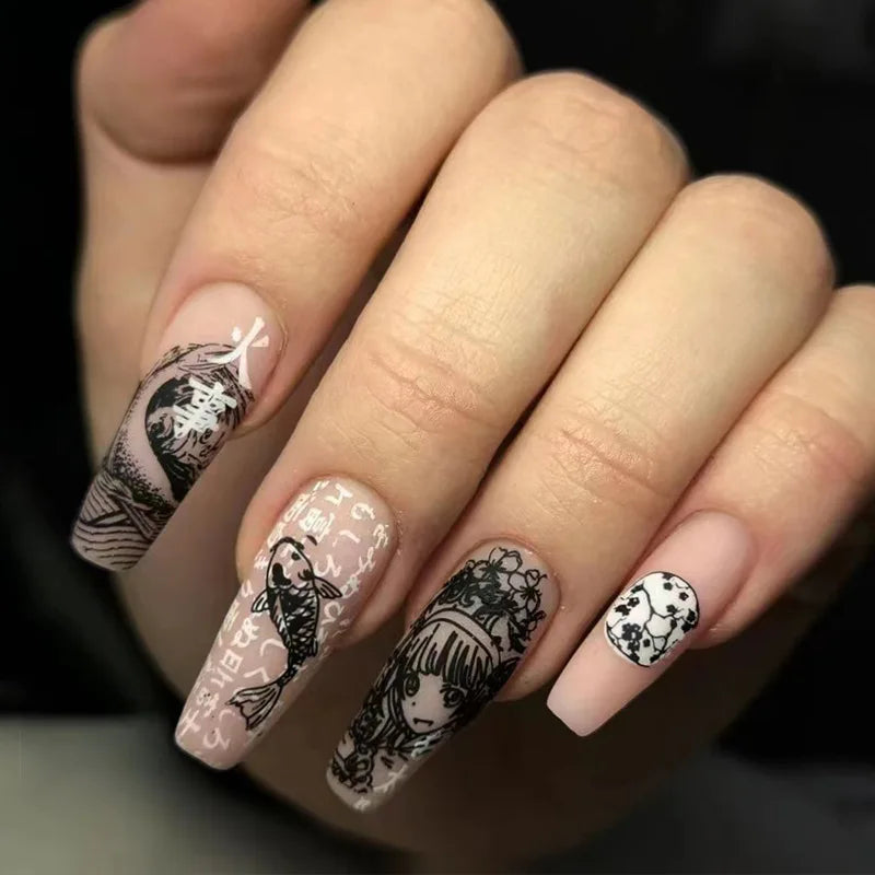 24Pcs Long Ballet Press On Nail Art Wearing Manicure Glitter Point Drill False Nails Removable Full Cover Artificial Fake Nails