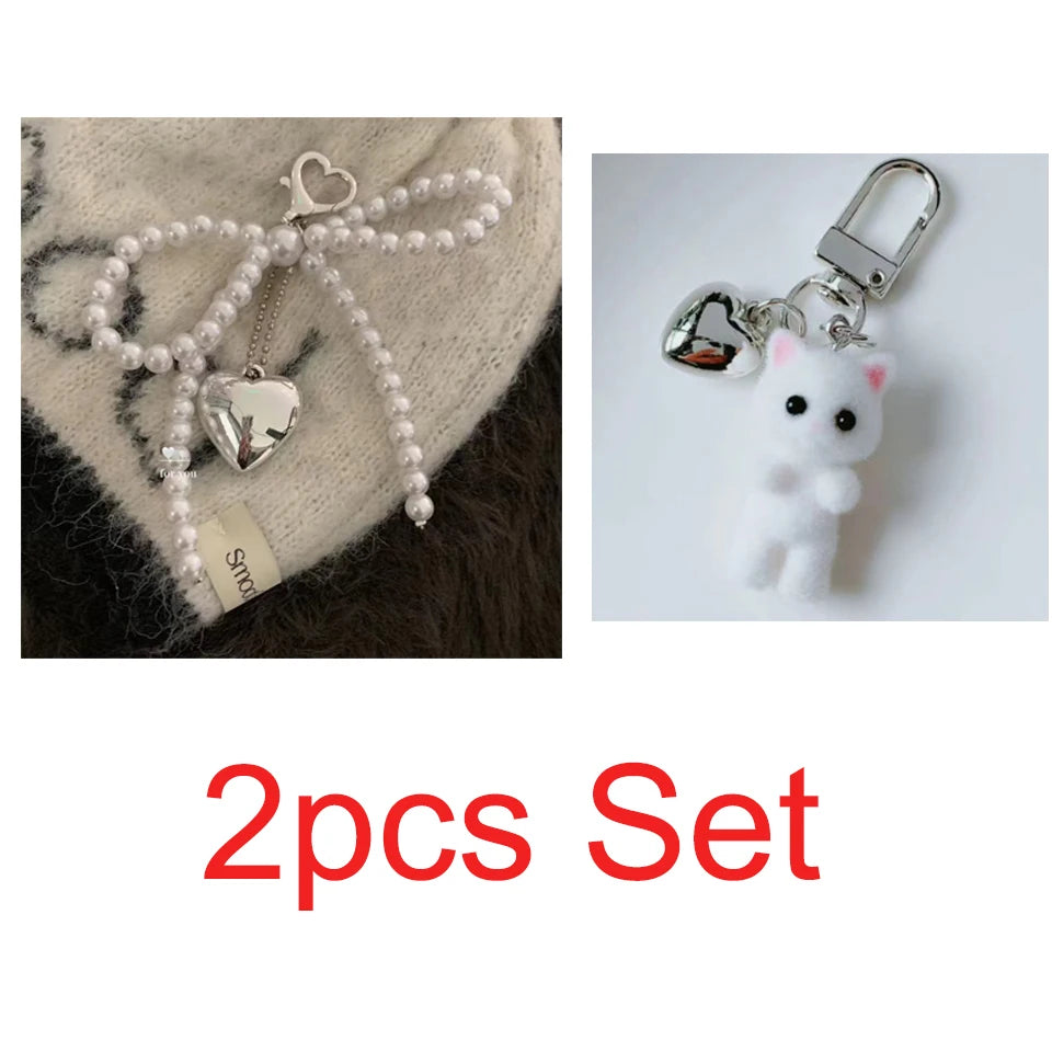 ZAKOL White Bowknot Heart Keychain Women Sweet Charm Pearl Bow Backpack Key Ring Handmade Jewelry Ornament Bags Pendants Gif