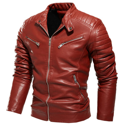 Men Fur Lined Warm Motorcycle Jacket Slim Street Fashion BLack Biker Coat Pleated Design Zipper 2024 Winter Black Leather Jacket