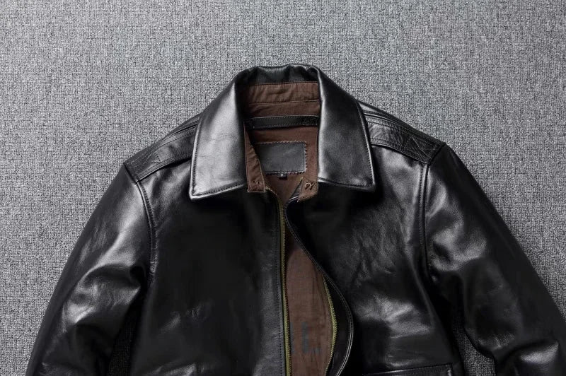 A2 Men's Bomber Jacket Tea Core Horse Leather Cropped Motorcycle Jacket Natural Leather Loose Coat Military Men's Leather Jacket