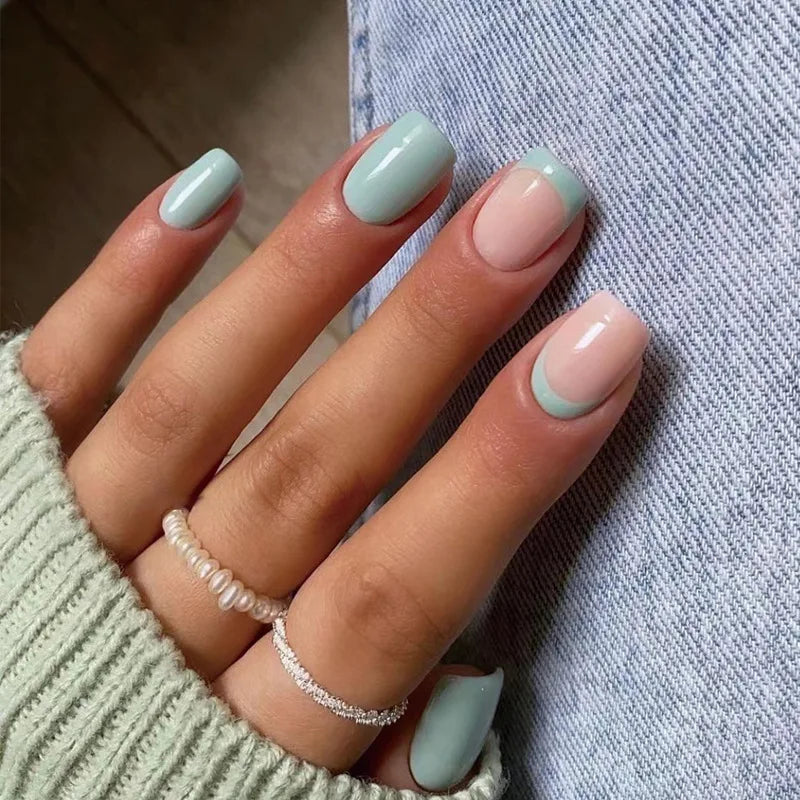 24pcs Short Square Fake Nails Colorful French False Nails Detachable Ballerina Full Cover Nails Tips Press on Nails