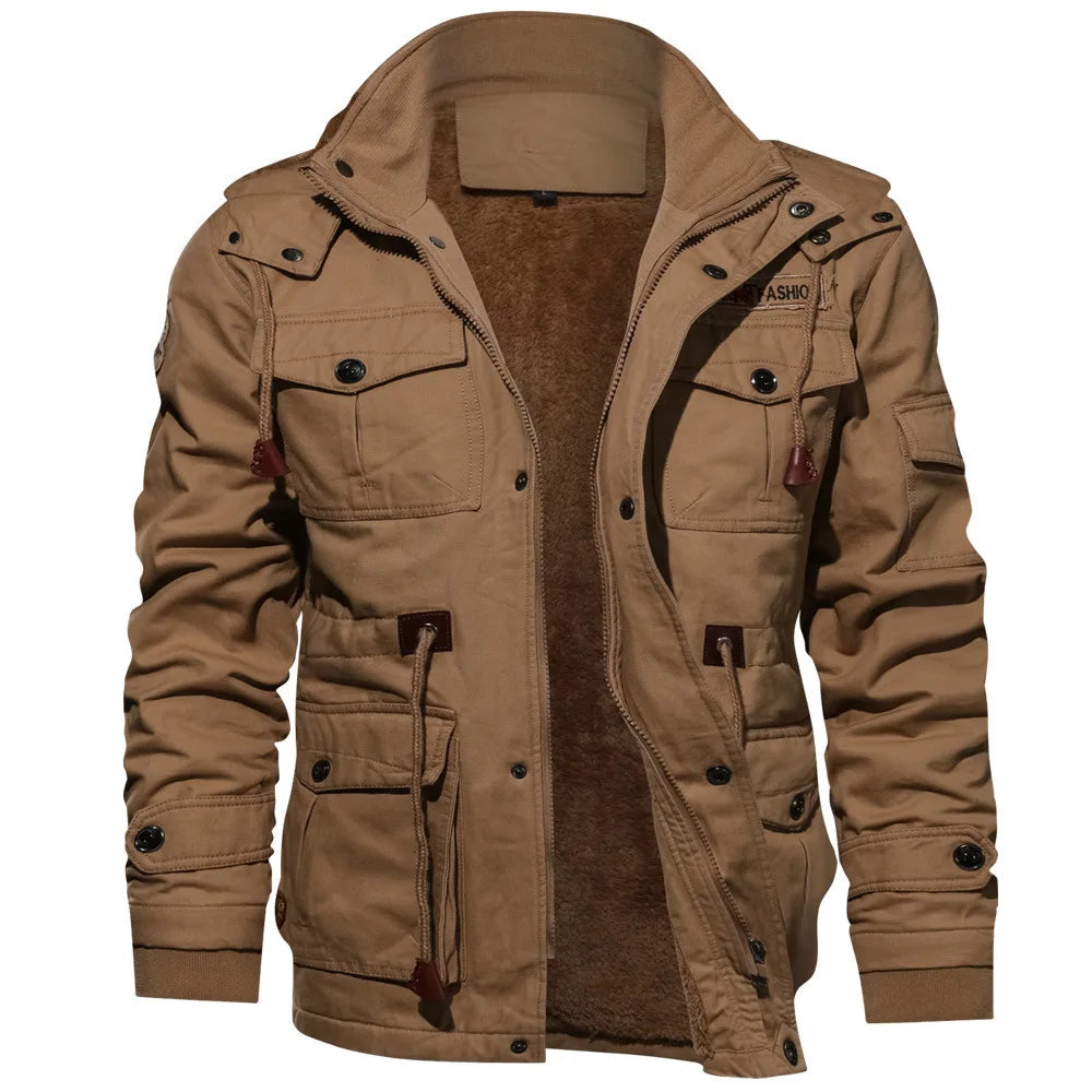 Men's Winter Jacket Hooded Casual Cotton Coat Retro Coat Men's Cotton Casual Fleece Long Jacket Men's Outdoor Tooling Coat
