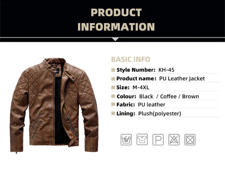 Autumn Winter Outdoor Casual Motor Biker PU Leather Jacket Men Fashion Leather Jacket Men Motorcycle Slim Fleece Jacket Coat