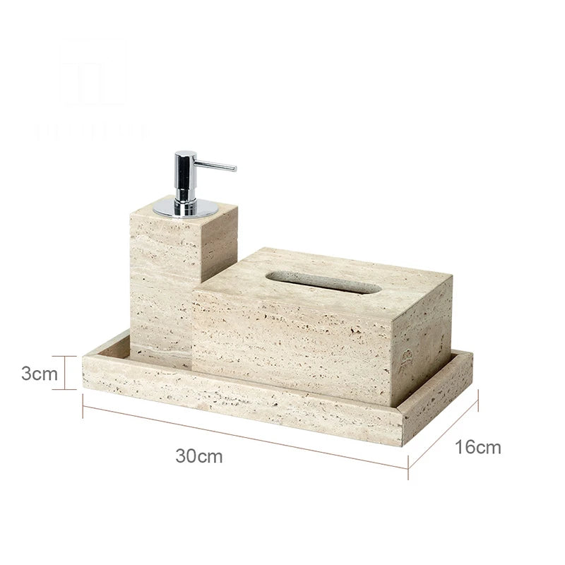 Beige Travertine Bathroom Accessories Set Natural Marble Soap Dispenser Soap Dish Reed Diffuser Vanity Tray Bathroom Set
