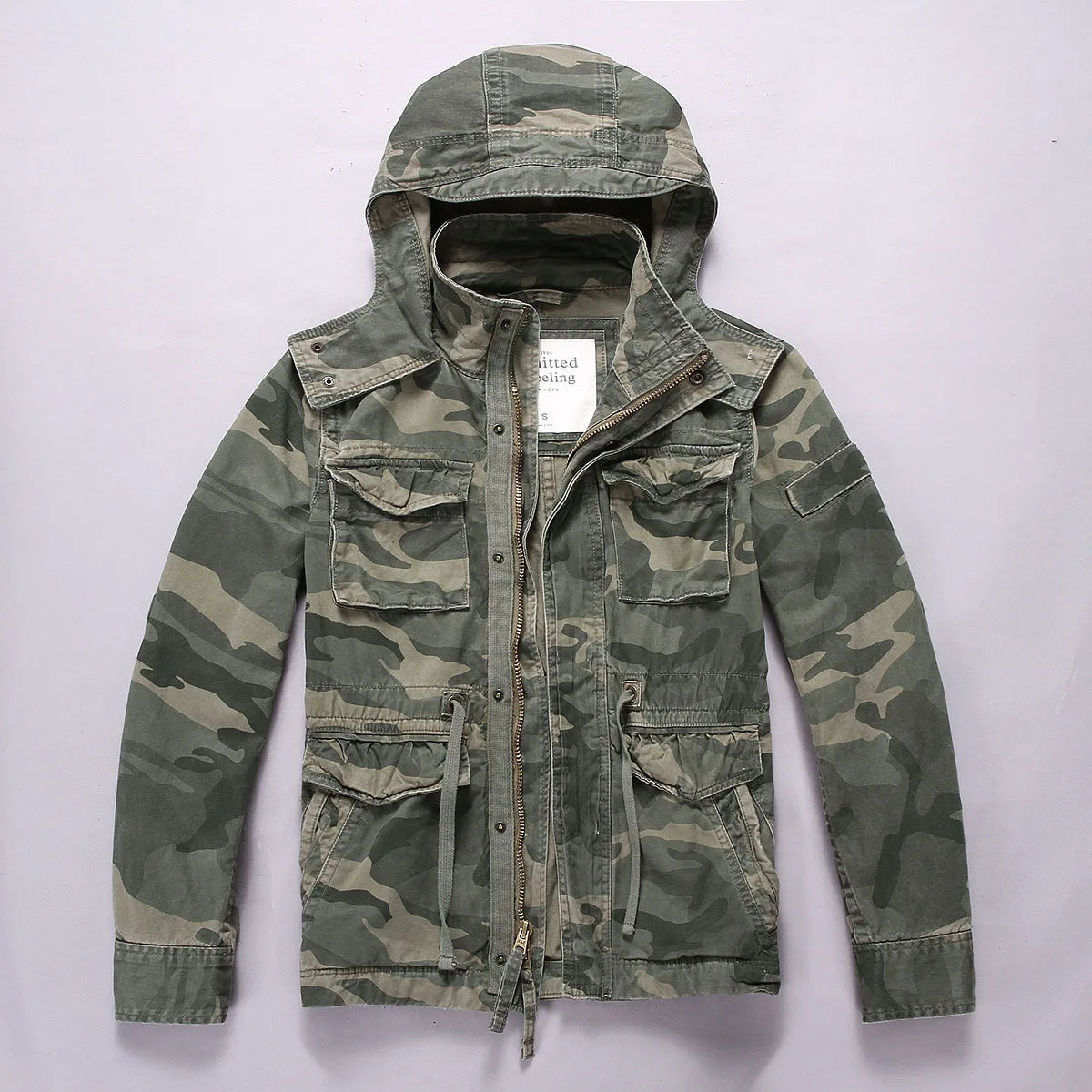 Men's Long Sleeved Hooded Camouflage Jacket Multi Bag Mid Length Storage Outdoor Trekking Camping Riding Sport Tops Amekaji Coat