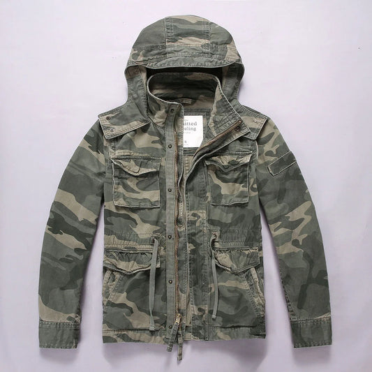 Men's Long Sleeved Hooded Camouflage Jacket Multi Bag Mid Length Storage Outdoor Trekking Camping Riding Sport Tops Amekaji Coat