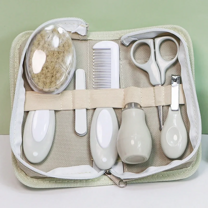 Khaki baby care kit, baby nose inhaler, nail clippers, file, brush, scissors, comb 6 daily cleaning tools