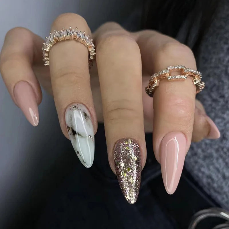 24Pcs Ballerina Press On Nail Tips Oval Head False Nails Almond Artificial Fake Nails With Glue Full Cover Press Manicure Tools